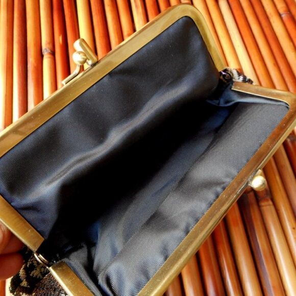 EUC LULU Black/Cream/Brown Leaves Fabric Coin Purse w/Gold Trim w/Kiss Clasp - Picture 4 of 6